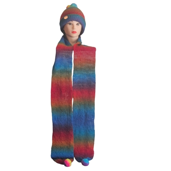 Hand Crafted Long Scarf & Beanie 2pc Set Rainbow multicolored Crochet Winter Hat - Picture 10 of 17